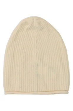Ecru wool-cashmere blend rib knit beanie with rolled edge