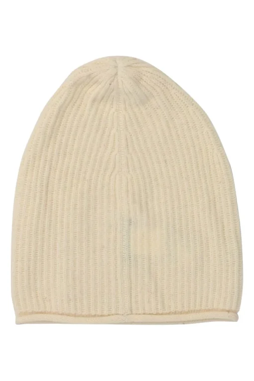 Ecru wool-cashmere blend rib knit beanie with rolled edge