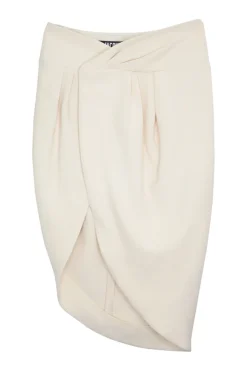 Ecru woven cotton draped wrap front asymmetric pull-on midi skirt