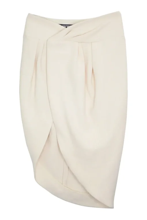 Ecru woven cotton draped wrap front asymmetric pull-on midi skirt