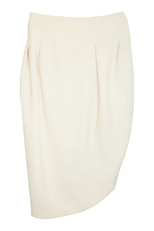 Ecru woven cotton draped wrap front asymmetric pull-on midi skirt