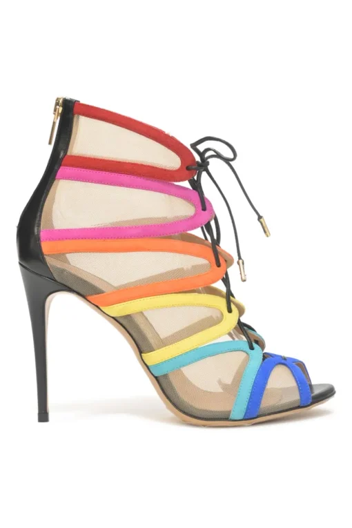 Edgardo Osorio for Salvatore Ferragamo 100th Anniversary multi-colour suede and tulle Amber lace-up ankle booties