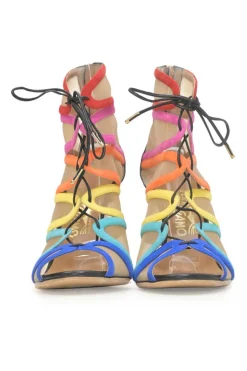 Edgardo Osorio for Salvatore Ferragamo 100th Anniversary multi-colour suede and tulle Amber lace-up ankle booties