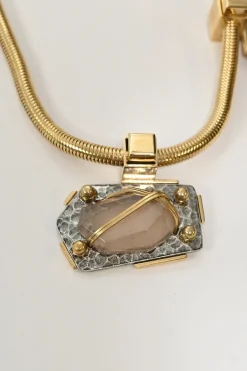 Embellished gold-tone metallic hammered pendant bolo necklace