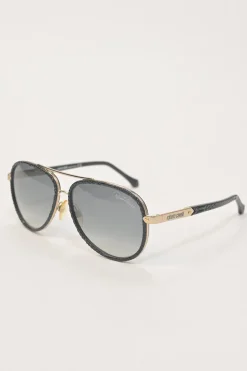 Embossed black acetate and tinted polycarbonate double-bridge aviator sunglasses