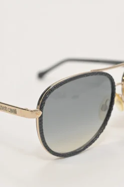 Embossed black acetate and tinted polycarbonate double-bridge aviator sunglasses
