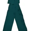 Emerald green draped polyester crêpe bi-layer jumpsuit with cascade ruffle hip detailing