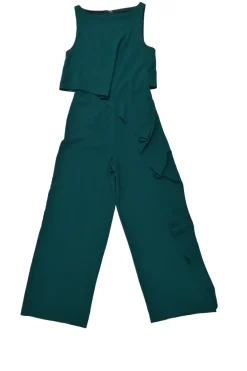 Emerald green draped polyester crêpe bi-layer jumpsuit with cascade ruffle hip detailing