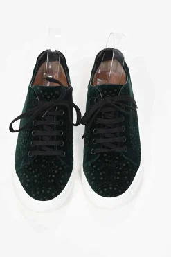 Emerald green laser-cut velvet low-top sneakers