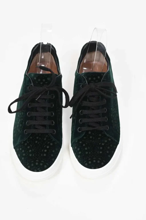 Emerald green laser-cut velvet low-top sneakers