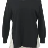 En Bleu black two-tone cotton mixed-media scoop neck dolman sleeve sweater with contrasting woven inserts