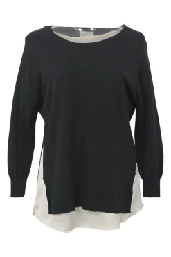 En Bleu black two-tone cotton mixed-media scoop neck dolman sleeve sweater with contrasting woven inserts