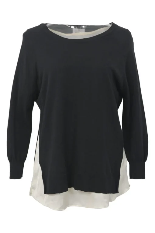 En Bleu black two-tone cotton mixed-media scoop neck dolman sleeve sweater with contrasting woven inserts