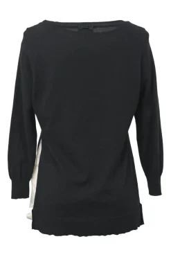 En Bleu black two-tone cotton mixed-media scoop neck dolman sleeve sweater with contrasting woven inserts