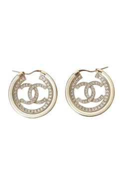 Faux pearl and strass-embellished gold-finish metal Coco Mark CC hoop earrings