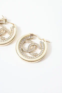 Faux pearl and strass-embellished gold-finish metal Coco Mark CC hoop earrings