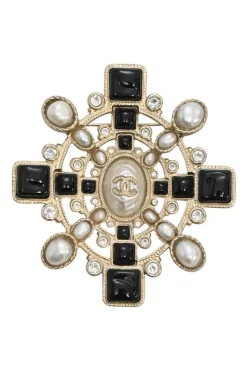 Faux pearl, crystal, and enamel-embellished gold-tone metallic brooch