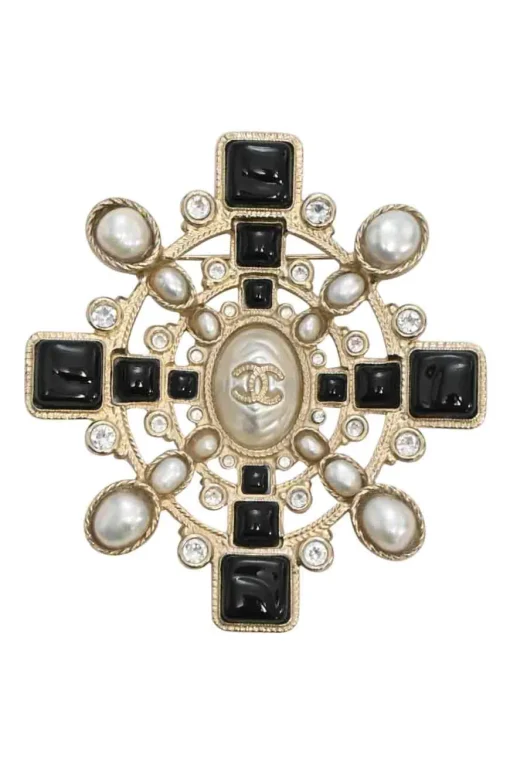 Faux pearl, crystal, and enamel-embellished gold-tone metallic brooch