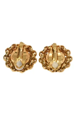 1984-1989 Faux-pearl and gold-finish metal chain link round clip-on earrings