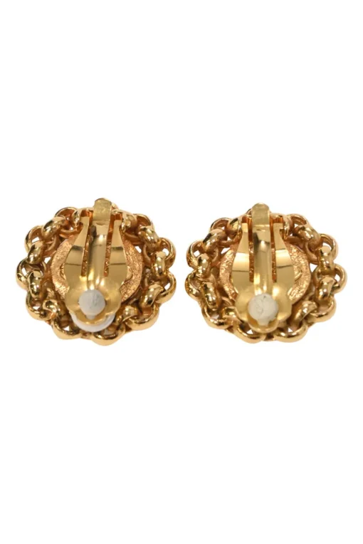 1984-1989 Faux-pearl and gold-finish metal chain link round clip-on earrings