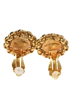 1984-1989 Faux-pearl and gold-finish metal chain link round clip-on earrings