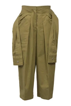 Field green cotton gabardine tie-waist pleat-front cropped pants