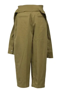 Field green cotton gabardine tie-waist pleat-front cropped pants