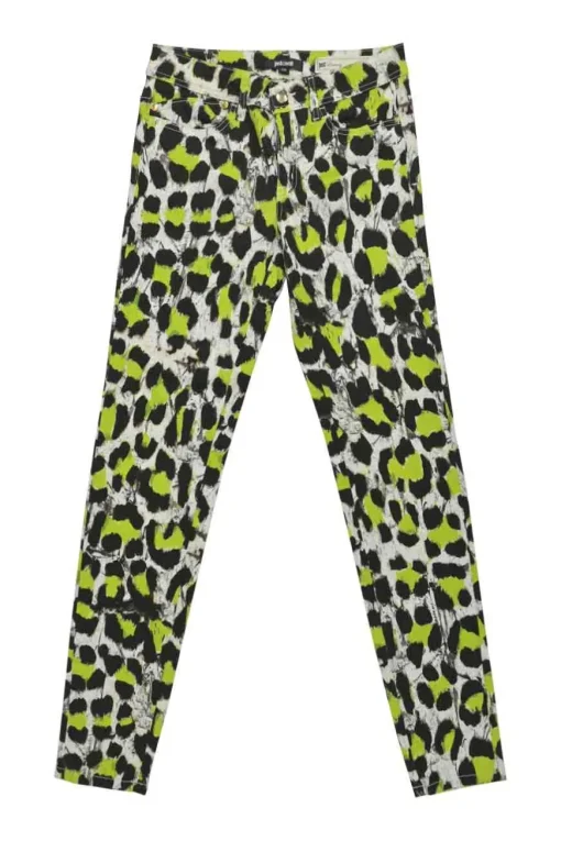 Fluo green cotton-blend leopard print mid-rise skinny jeans