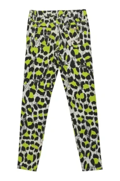 Fluo green cotton-blend leopard print mid-rise skinny jeans