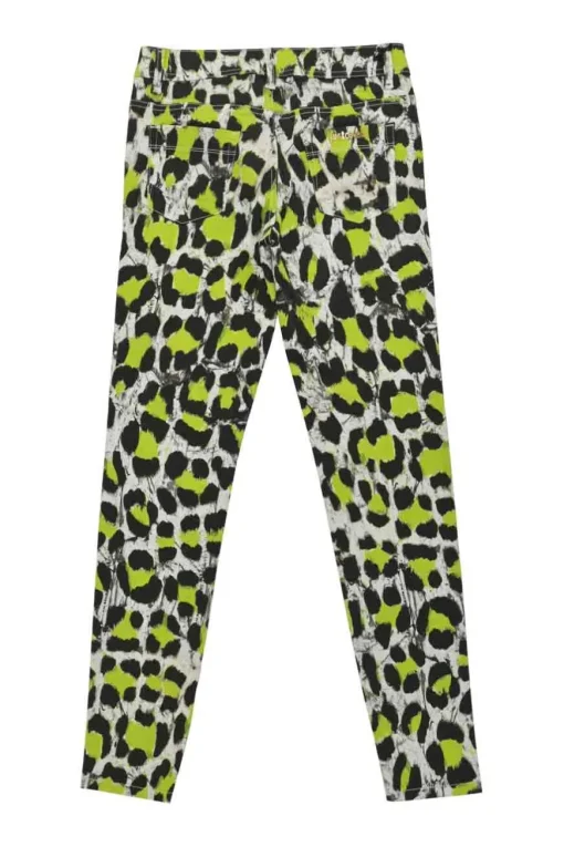Fluo green cotton-blend leopard print mid-rise skinny jeans