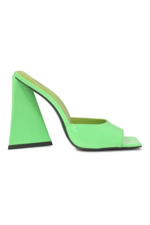 Fluo green patent leather Devon slide mules with square toes and pyramid heels