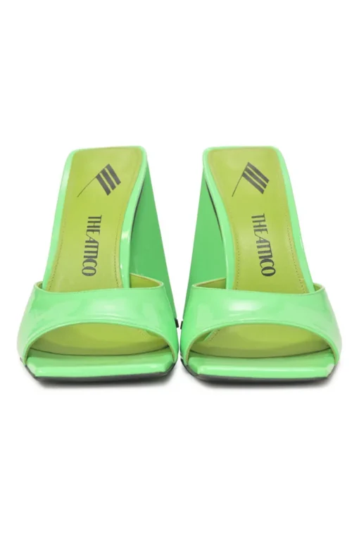 Fluo green patent leather Devon slide mules with square toes and pyramid heels