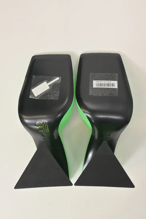 Fluo green patent leather Devon slide mules with square toes and pyramid heels