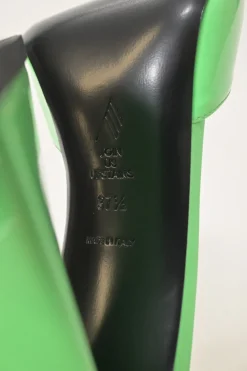Fluo green patent leather Devon slide mules with square toes and pyramid heels