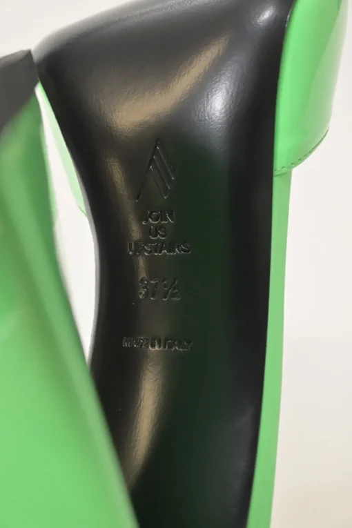 Fluo green patent leather Devon slide mules with square toes and pyramid heels