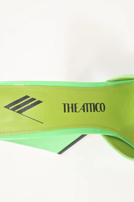 Fluo green patent leather Devon slide mules with square toes and pyramid heels