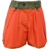 Fluo orange and olive polyester-wool blend paneled pleat-front tailored shorts with belt-loop waistband and waist adjusters