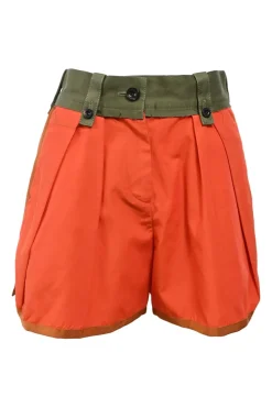 Fluo orange and olive polyester-wool blend paneled pleat-front tailored shorts with belt-loop waistband and waist adjusters