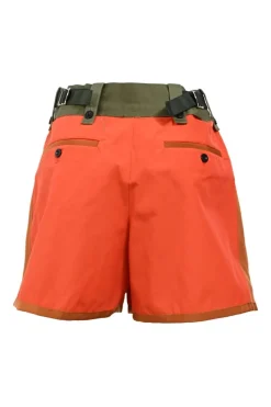 Fluo orange and olive polyester-wool blend paneled pleat-front tailored shorts with belt-loop waistband and waist adjusters
