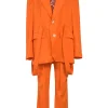 Fluo orange wool two-piece suit set featuring notch lapel tie-waist blazer and cutout tailored trousers