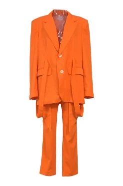 Fluo orange wool two-piece suit set featuring notch lapel tie-waist blazer and cutout tailored trousers