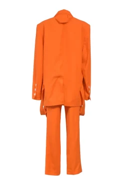 Fluo orange wool two-piece suit set featuring notch lapel tie-waist blazer and cutout tailored trousers