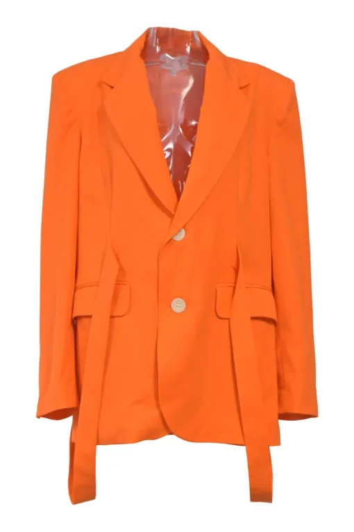Fluo orange wool two-piece suit set featuring notch lapel tie-waist blazer and cutout tailored trousers