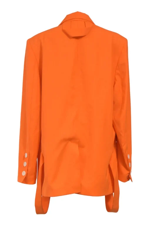 Fluo orange wool two-piece suit set featuring notch lapel tie-waist blazer and cutout tailored trousers