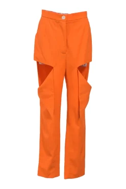 Fluo orange wool two-piece suit set featuring notch lapel tie-waist blazer and cutout tailored trousers