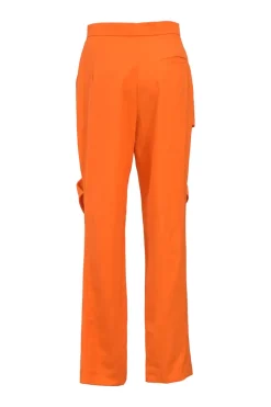 Fluo orange wool two-piece suit set featuring notch lapel tie-waist blazer and cutout tailored trousers