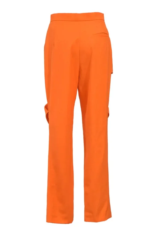 Fluo orange wool two-piece suit set featuring notch lapel tie-waist blazer and cutout tailored trousers