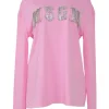 Fluo pink strass link-embellished cotton jersey pullover long sleeve T-shirt featuring logo motif
