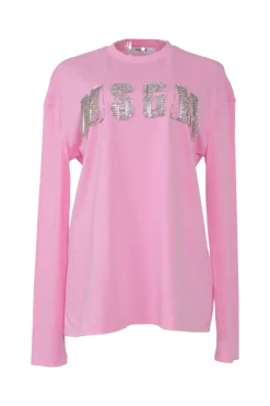 Fluo pink strass link-embellished cotton jersey pullover long sleeve T-shirt featuring logo motif