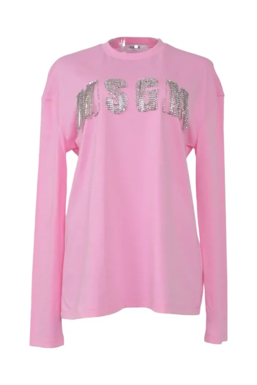 Fluo pink strass link-embellished cotton jersey pullover long sleeve T-shirt featuring logo motif